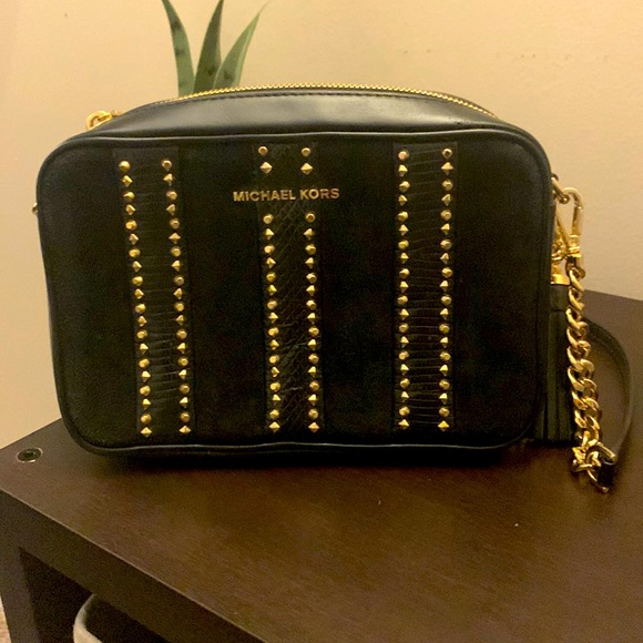 Michael Kors Bags Suede Michael Korean Black And Gold Cross Body